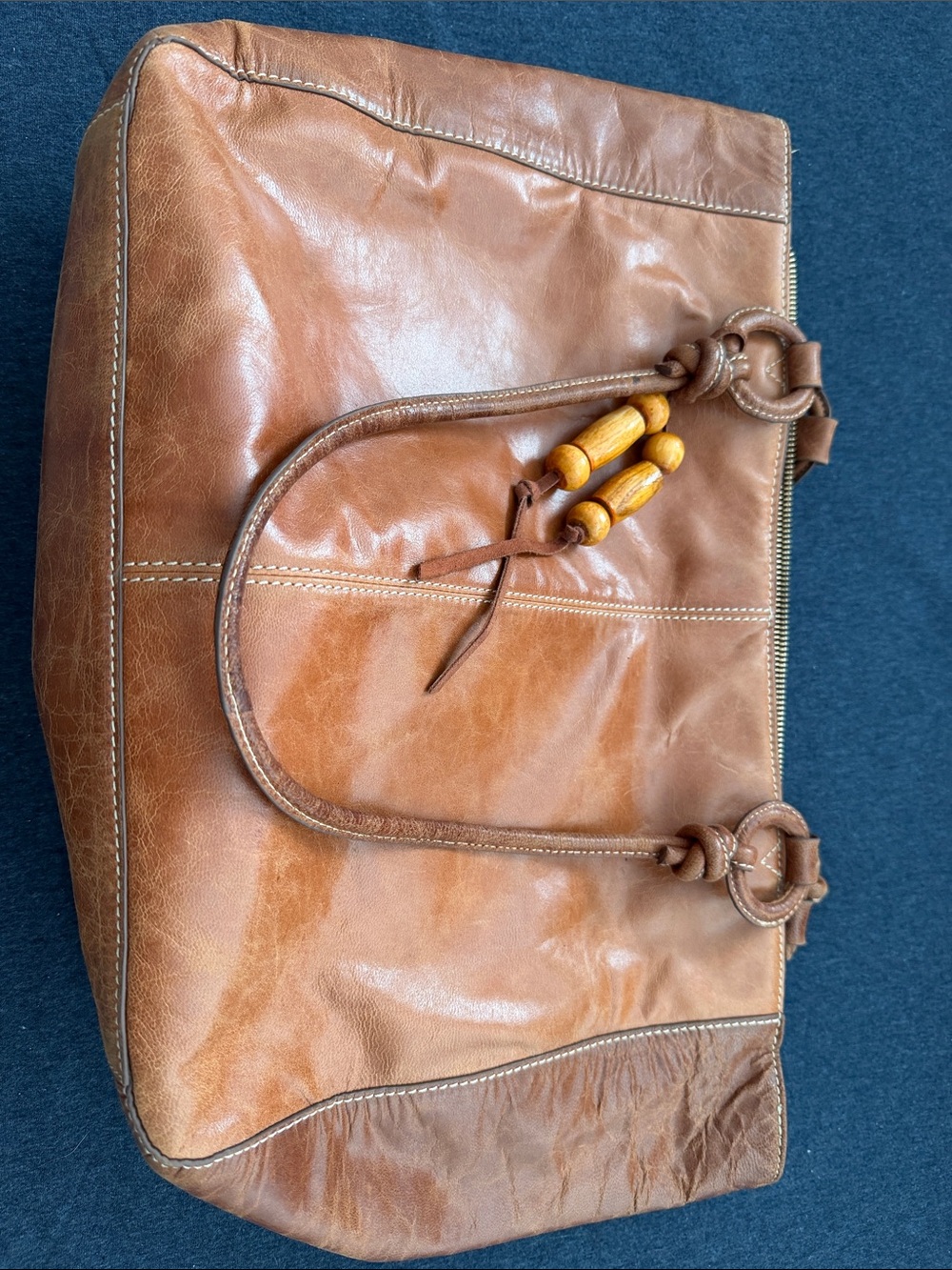 Classic Brown Leather Tote with Wooden Bead Accent